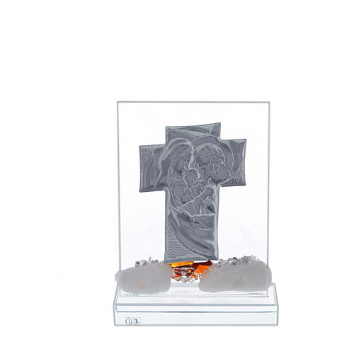 Crucifijo con Sagrada Familia flor marrón base cristal 3