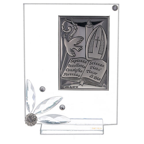 Gastgeschenk Bild mit Silber-Laminat-Plakette und den Symbolen der Konfirmation 1