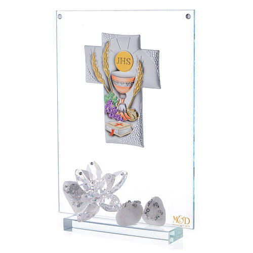 Bild aus Glas mit Silber-Laminat-Plakette in Kreuzform zur Kommunion 2