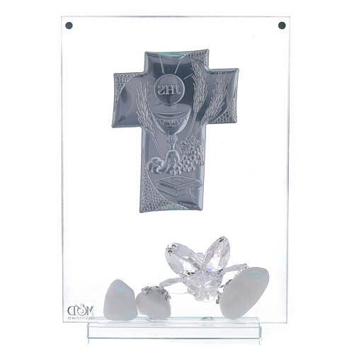 Bild aus Glas mit Silber-Laminat-Plakette in Kreuzform zur Kommunion 3