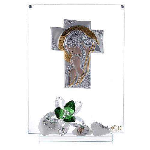 Bild aus Glas mit Motiv von Christus und einer Blume aus grünen Kristallen 1