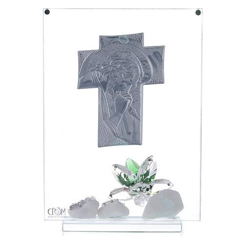 Bild aus Glas mit Motiv von Christus und einer Blume aus grünen Kristallen 3