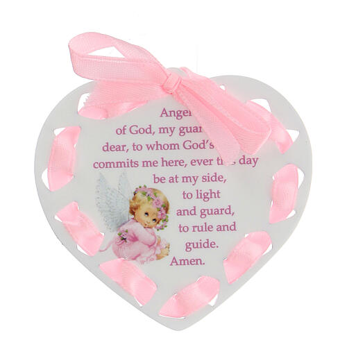 Heart-shaped pink medal for cradle, ENG prayer 2