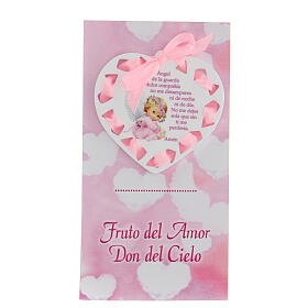 Heart crib accessory with prayer in Spanish pink bow