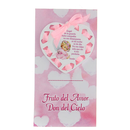 Heart crib accessory with prayer in Spanish pink bow 1