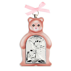 Pink teddy bear with metal angels plaque