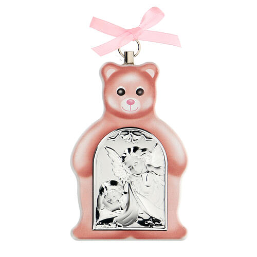 Pink teddy bear with metal angels plaque 1