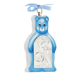 Teddybär in blau mit silberner Plakette