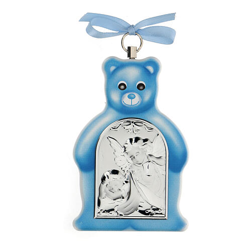 Teddybär in blau mit silberner Plakette 1