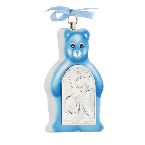 Teddybär in blau mit silberner Plakette 2
