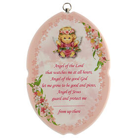 Obrazek z modlitwą do Anioła Stróża w j. angielskim, tło różowe