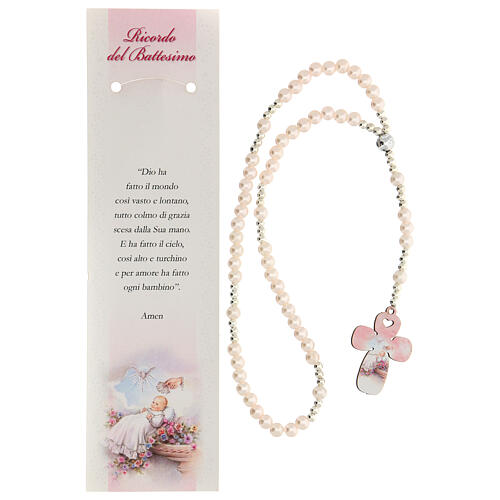 Baptism souvenir with pink elastic rosary, Italian prayer 2