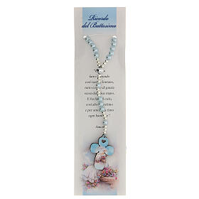 Różaniec szkło perłowe błękitne, z modlitwą w j. włoskim, na Chrzest