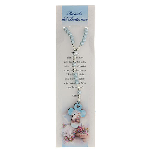 Różaniec szkło perłowe błękitne, z modlitwą w j. włoskim, na Chrzest 1