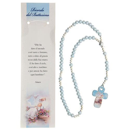 Baptism rosary pearlized blue glass with Italian prayer 2