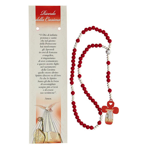 Confirmation Favour, red pearl glass elastic rosary and prayer 2