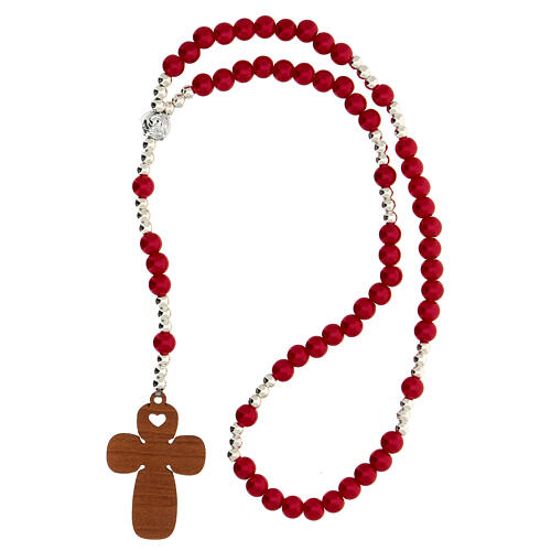 Confirmation Favour, red pearl glass elastic rosary and prayer 3