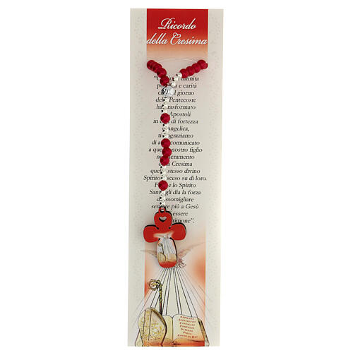 Bomboniera Cresima rosario elasticizzato vetro perlato rosso e preghiera 1