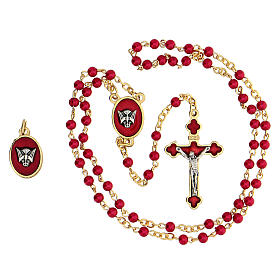 Souvenir set for Confirmation, golden rosary with red glass beads