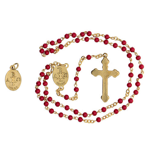 Souvenir set for Confirmation, golden rosary with red glass beads 3