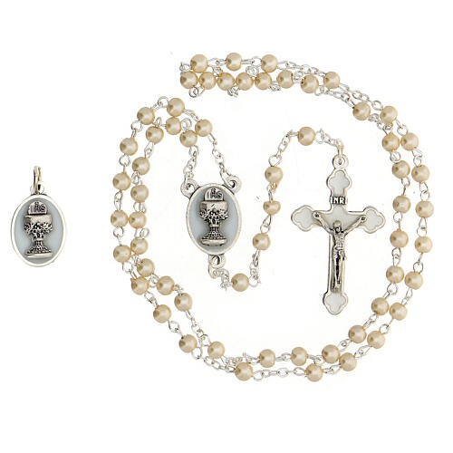 Communion souvenir set, golden rosary and pearl glass beads 2