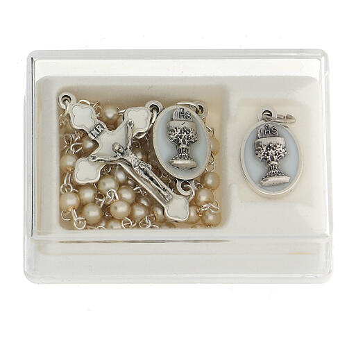 Communion set with golden rosary and pearl glass beads 1