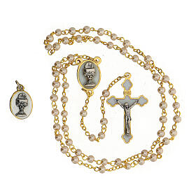 Communion keepsake set with golden rosary and pearl glass beads