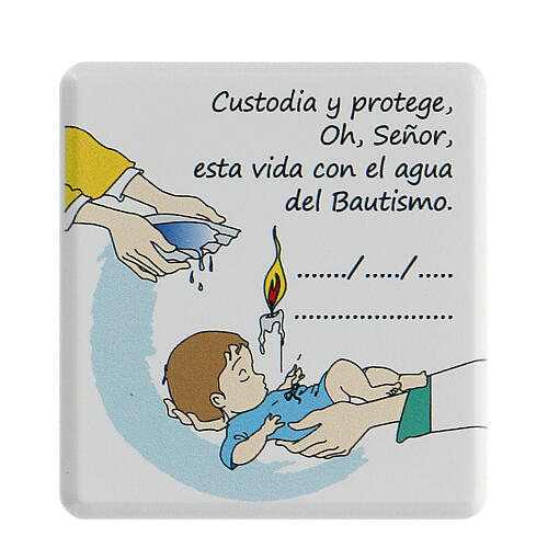 Hellblaues Andenken zur Taufe mit Rosenkranz (10 Kugeln), kleinem Bild und Gebet auf Spanisch 4