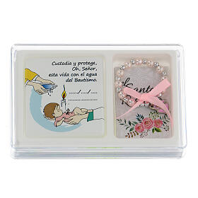 Kästchen zur Taufe mit rosa Rosenkranz (10 Kugeln) und kleinem Bild auf Spanisch