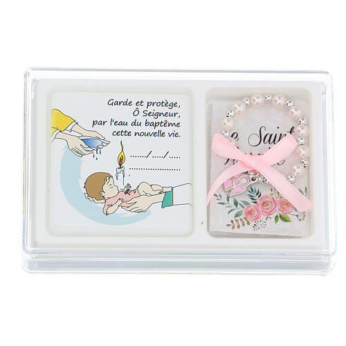 Baptism gift set box with decade rosary and picture in French 1