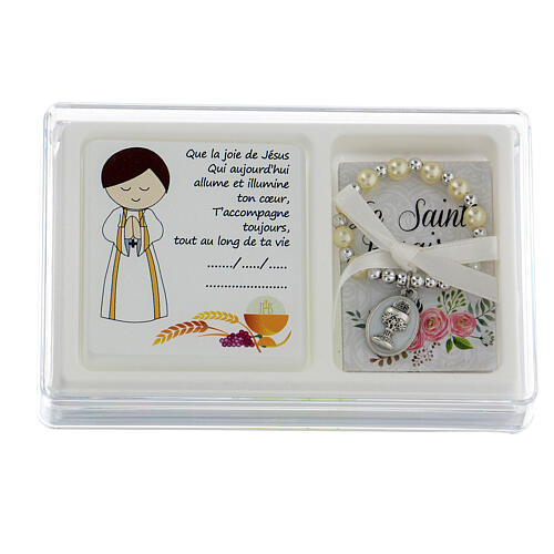 Holy Communion box set for boy, single decade rosary and picture FRE 1