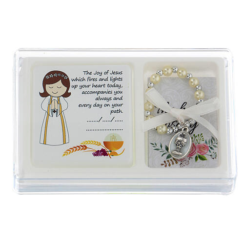 Holy Communion box set for girl, single decade rosary and picture ENG 1