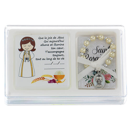 Holy Communion box set for girl, single decade rosary and picture FRE 1