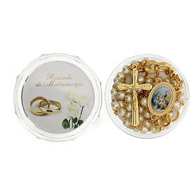 Wedding souvenir, golden rosary with wedding rings