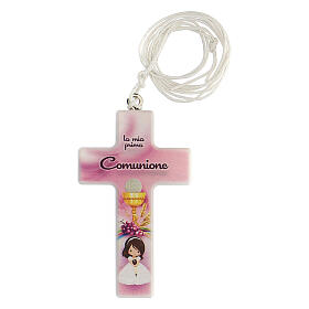 Rosafarbenes Kreuz mit Band zur Kommunion für Mädchen