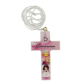 Holy Communion souvenir, pink cross with lace ENG