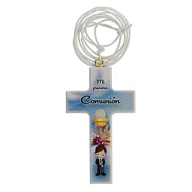 First Communion favor for boys white cross with cord, Spanish