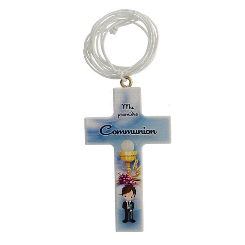 First Communion favor for boys white cross with cord, French 1