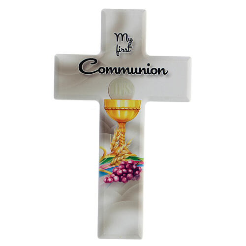 Communion souvenir white cross with chalice, English 1