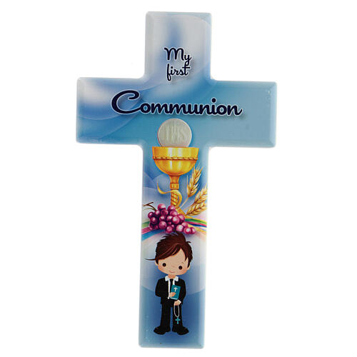 Krzyż Komunia chłopiec drewno z nadrukiem j. angielski 1