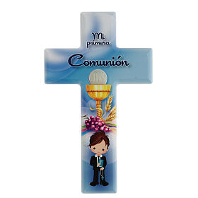 Hellblaues Andenken-Kreuz zur Kommunion fűr Junge auf Spanisch