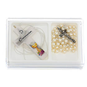 Communion set with cross and white rosary, English