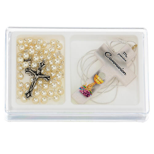 Communion set with cross and white rosary, French 1