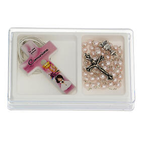 Box with cross and pink rosary for Communion