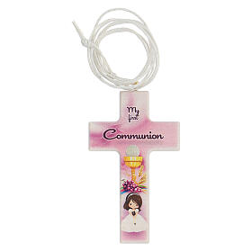 Recuerdo Comunión cruz y rosario rosa inglés
