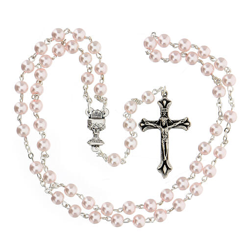 Recuerdo Comunión cruz y rosario rosa inglés 3
