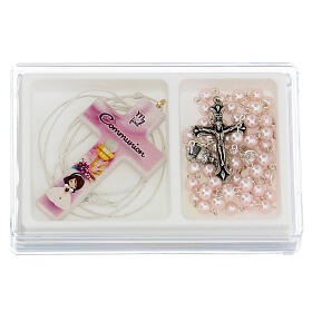 First Communion box set pink cross rosary, English
