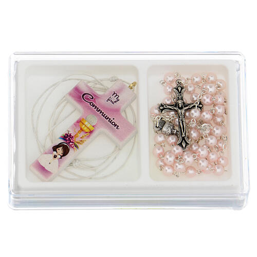 First Communion box set pink cross rosary, English 1