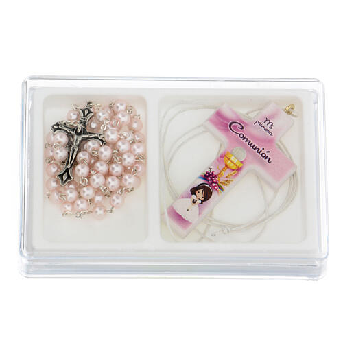 Holy Communion gift box, pink rosary and cross SPA 1