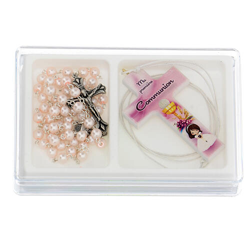 Holy Communion gift box, pink rosary and cross FRE 1